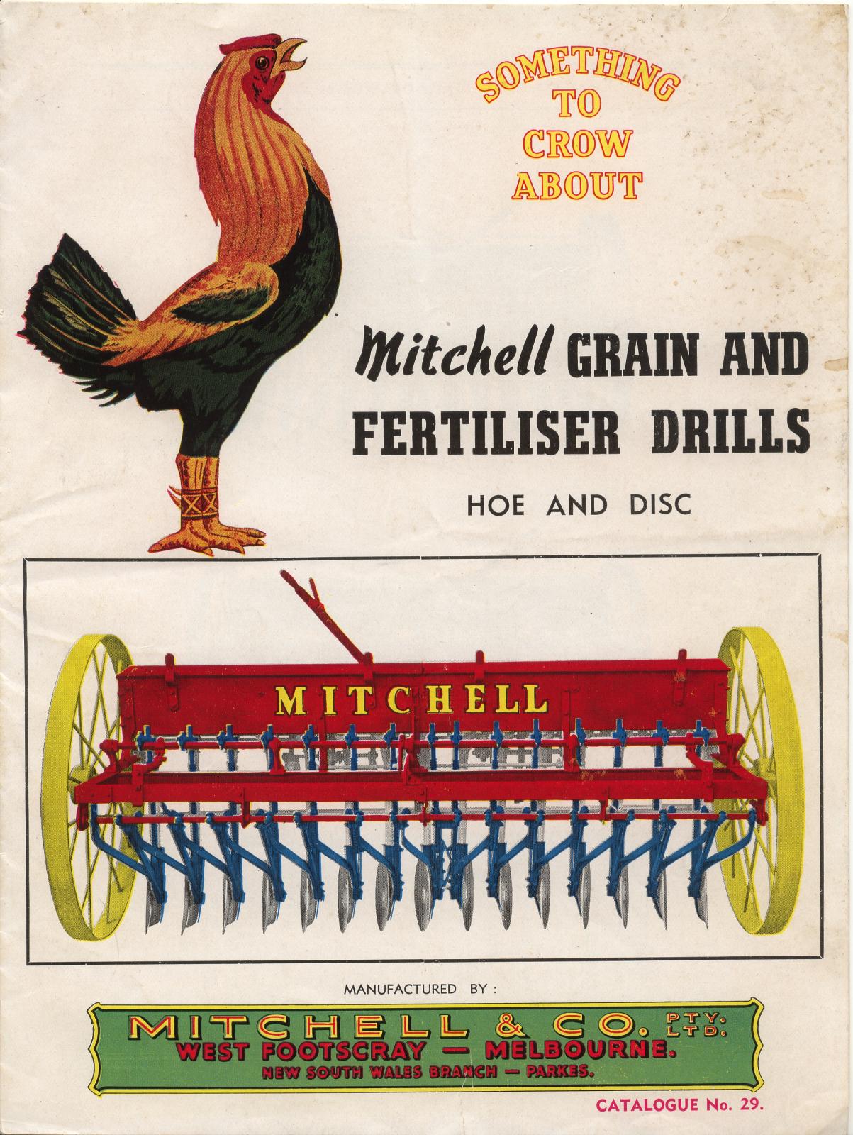 Mitchell Grain & Fertiliser Drills catalogue #29 cover featuring the crowing rooster.  Image ©Ozwrenches website