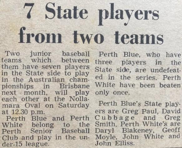 1971 Western Australian Under-15 State Baseball Team selections - newspaper article