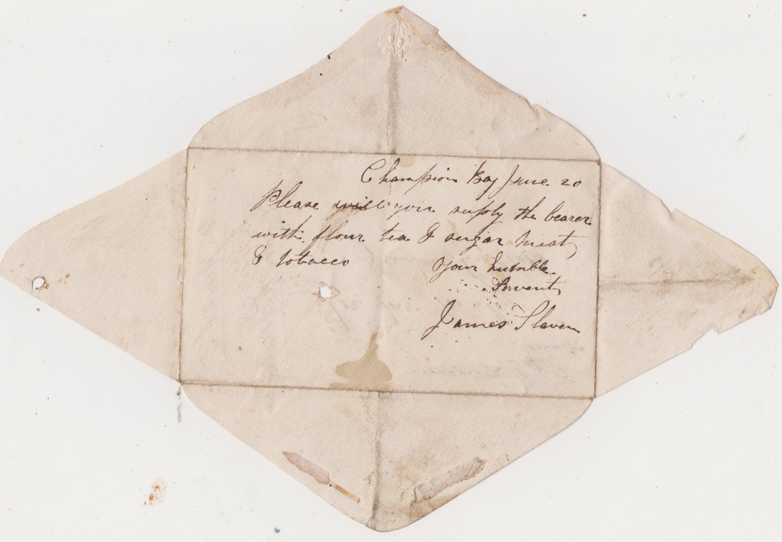 Letter formed into an envelope from James Slaven