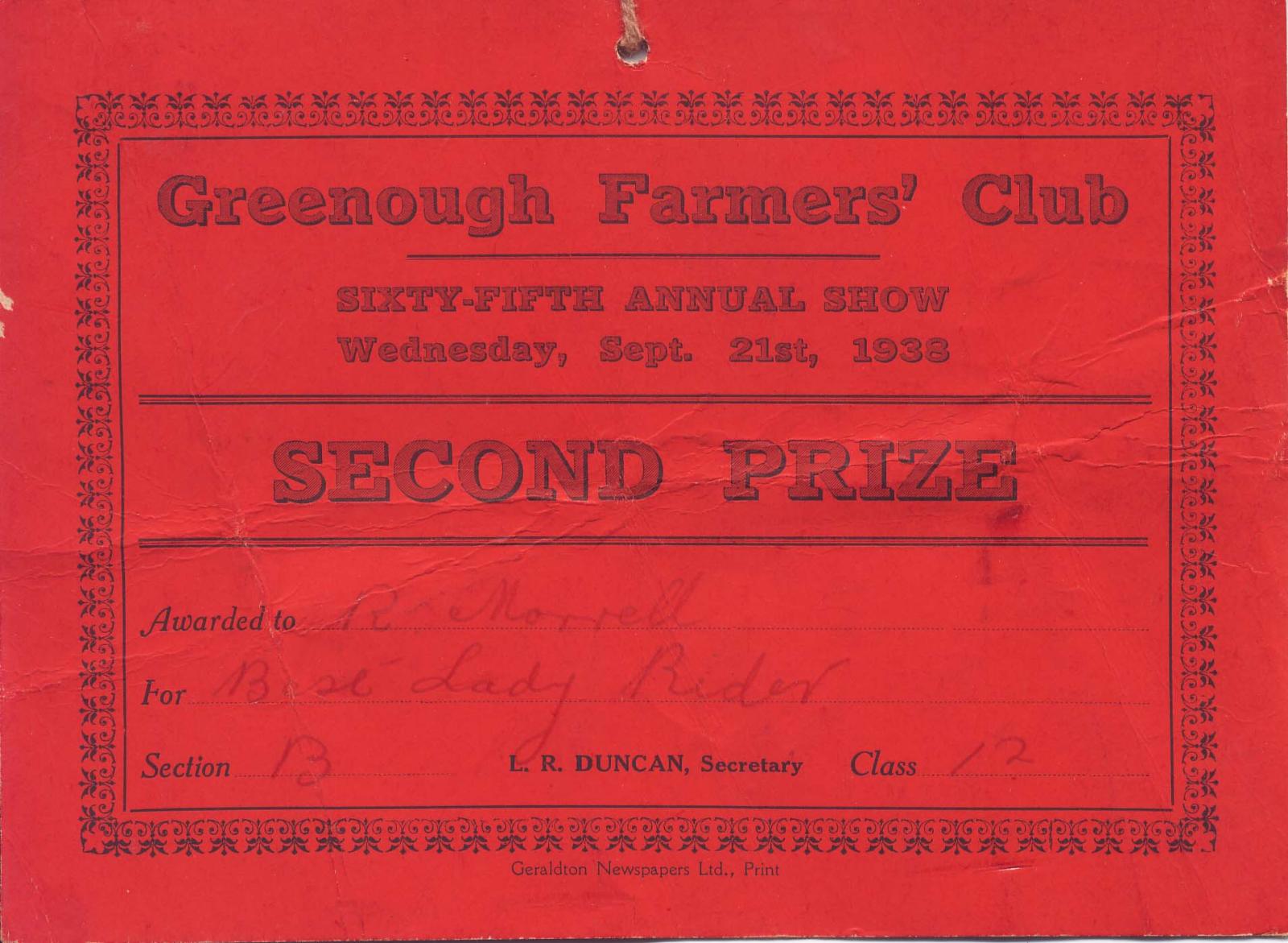 Greenough Farmer's Club Show second prize card