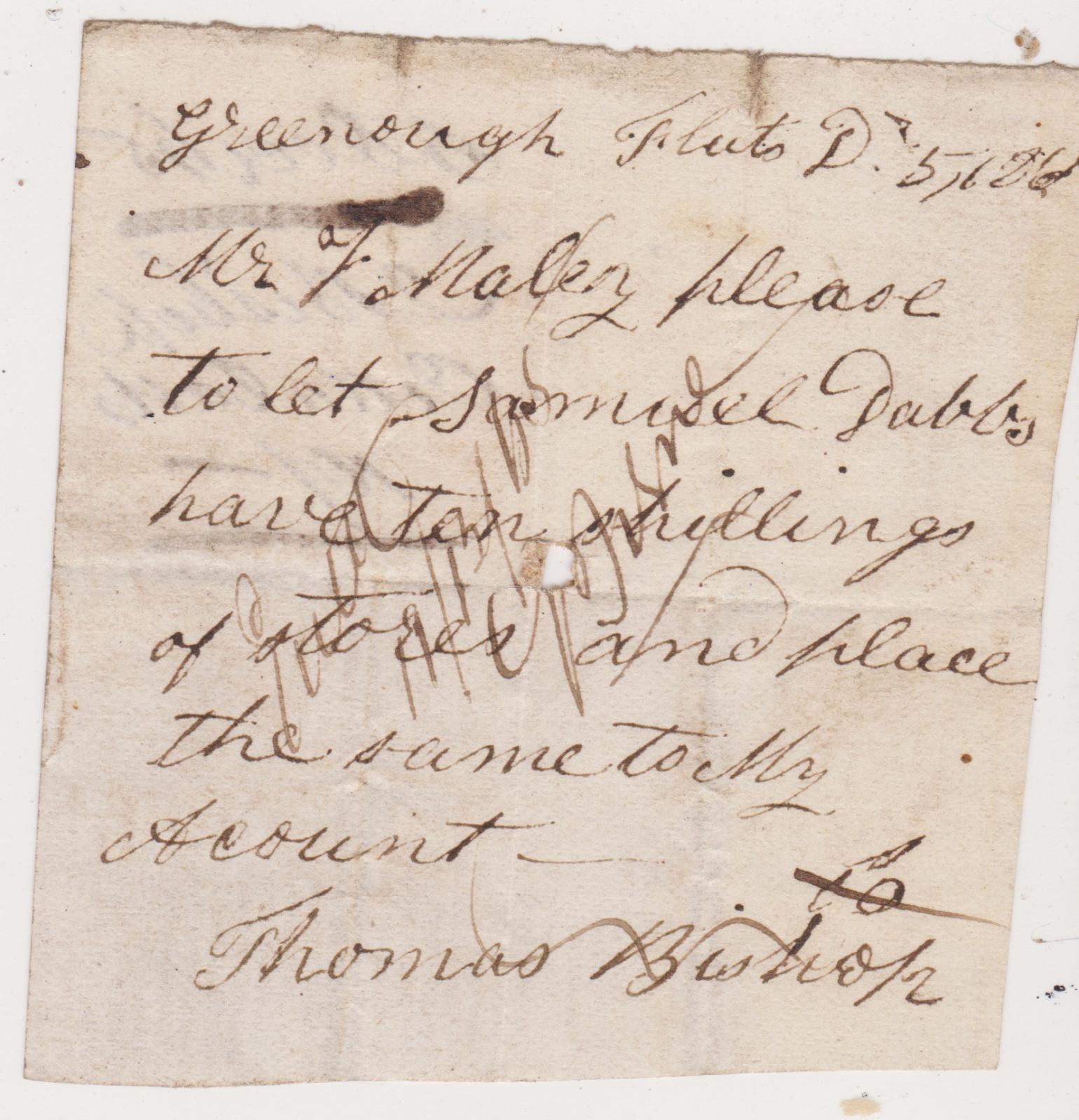 Promissory note from Thomas Bishop to Samuel Dabbs