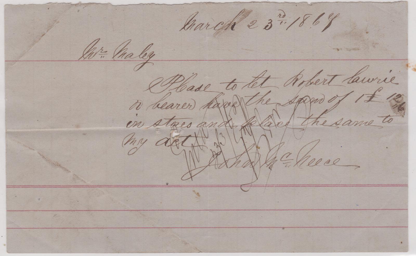 Promissory note from Enrolled Pensioner Guard John McNeece