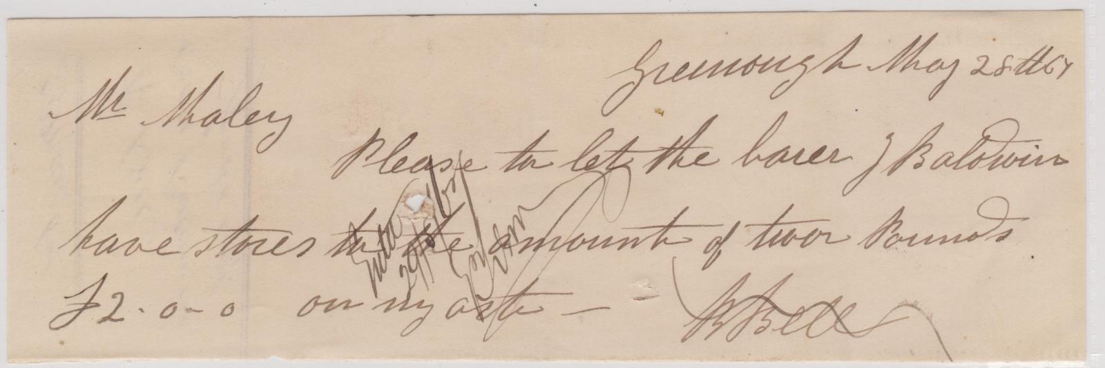 Promissory note from R. Bell for J. Baldwin