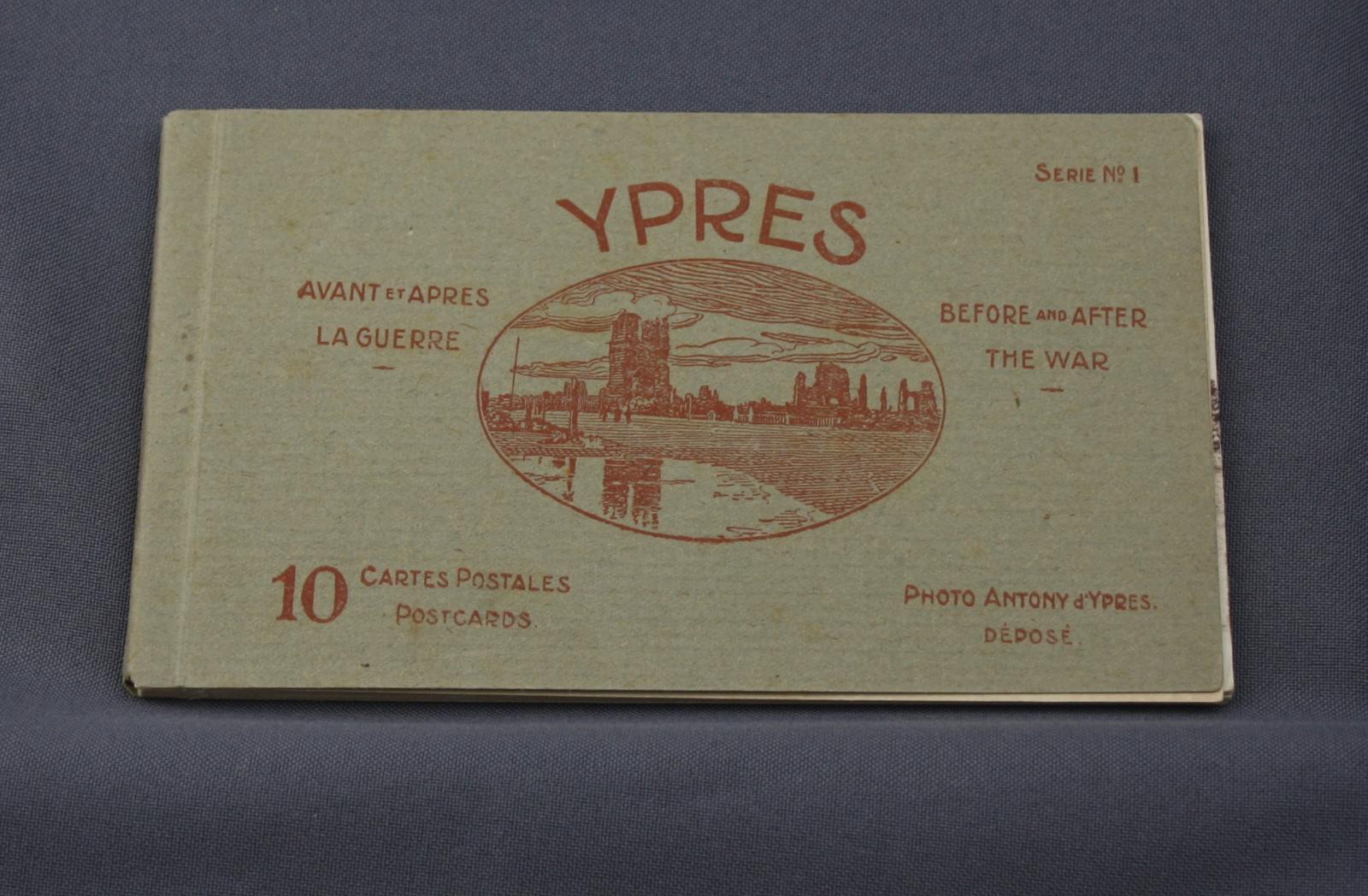 Front cover of book of 10 postcards showing Ypres before and after the war. 