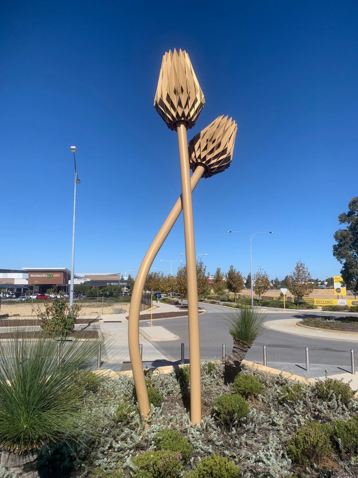 Steel sculpture of two banksias