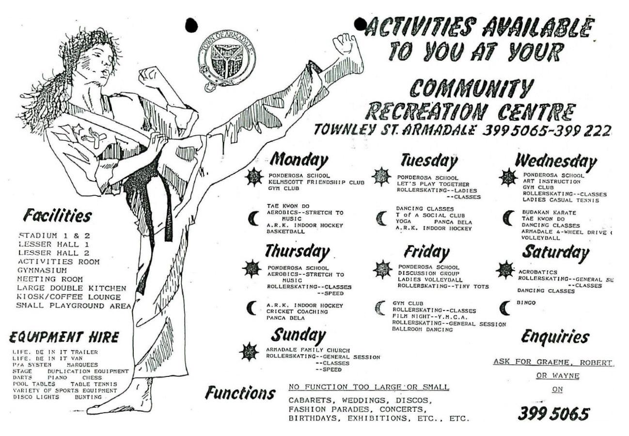 Black and white flyer advertising activities at the Armadale Community Recreation Centre. On left side is an illustration of a female figure in Karate clothes doing a high kick.