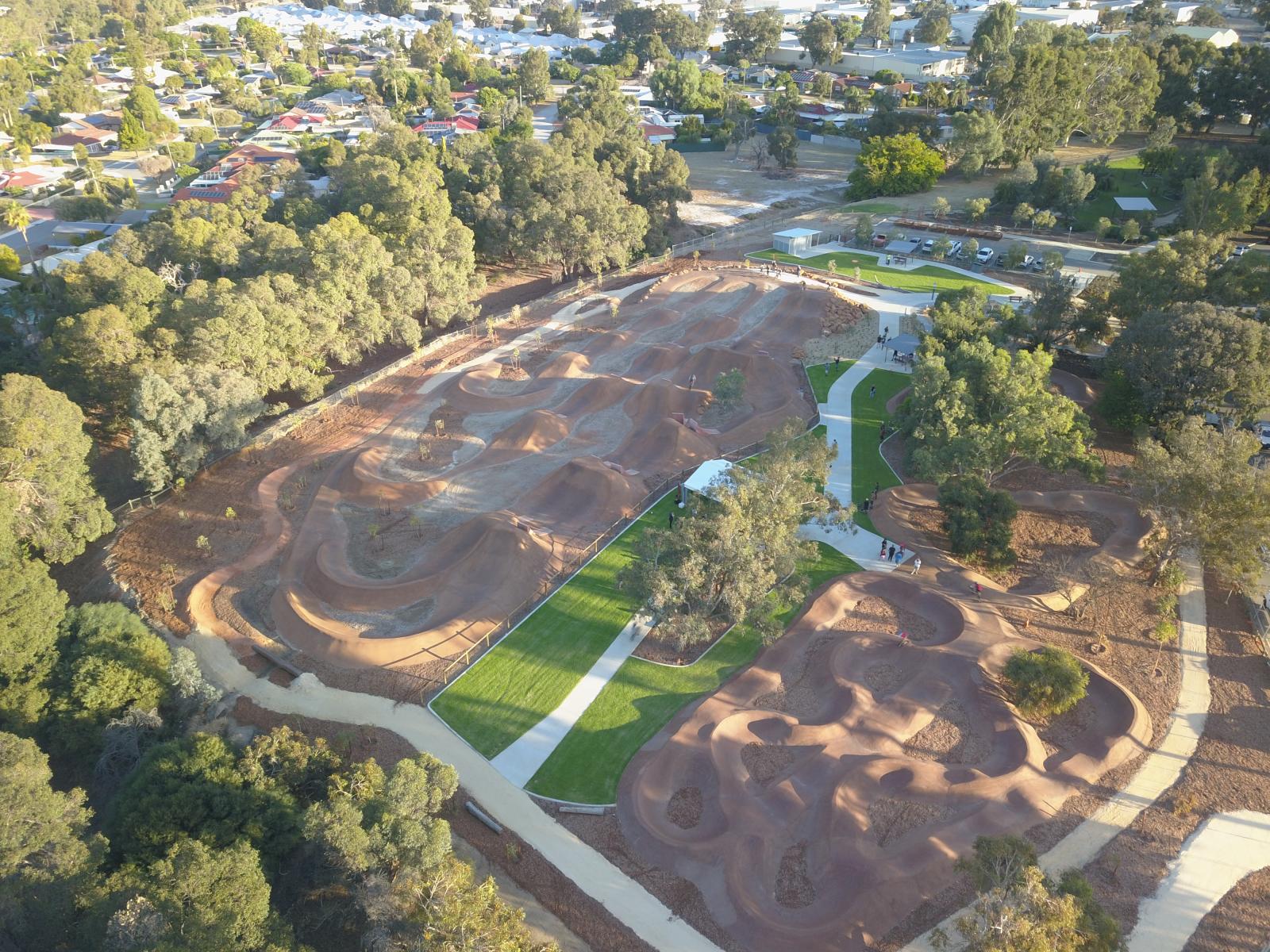 Colour aerial photograph of a the John Dunn Challenge Park which features a BMX track and a mountain bike track