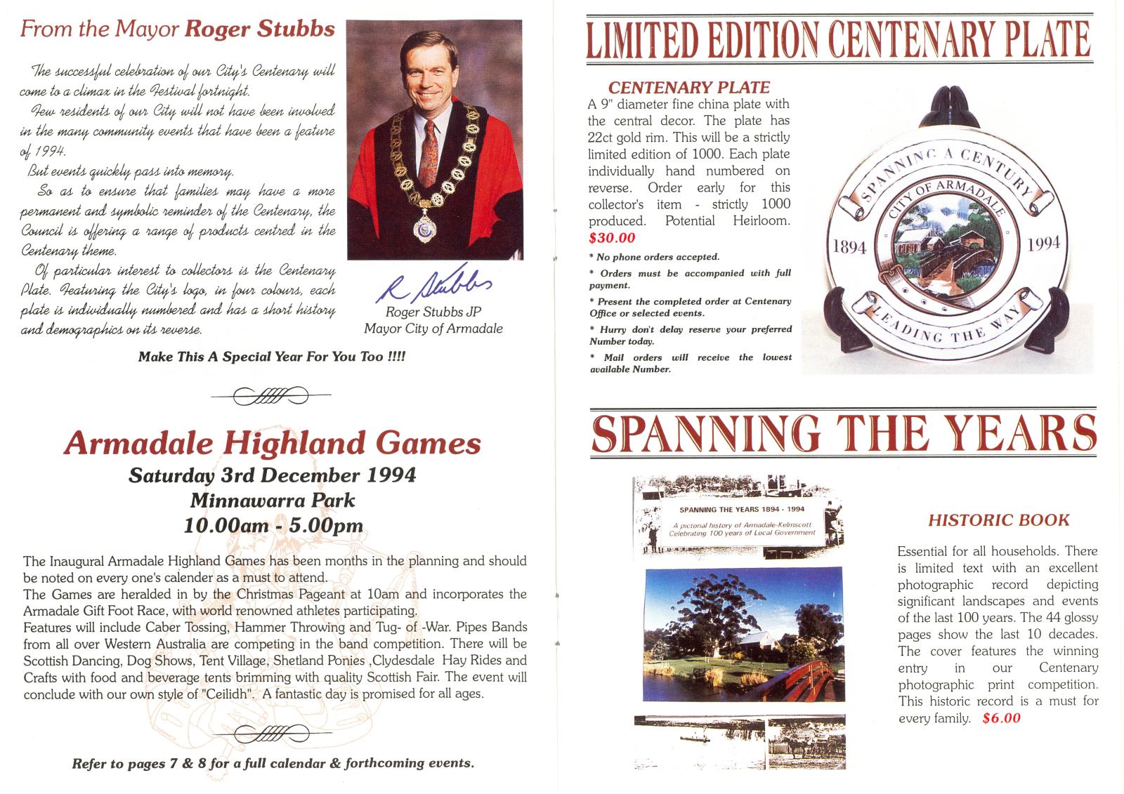 Pages 1 and 2 of the Armadale Centenary Events Catalogue featuring a message from the Mayor