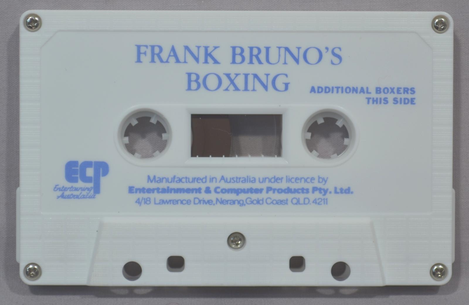 White plastic tape cassette, rectangular in shape. Game title on top is Frank Bruno's / Boxing.