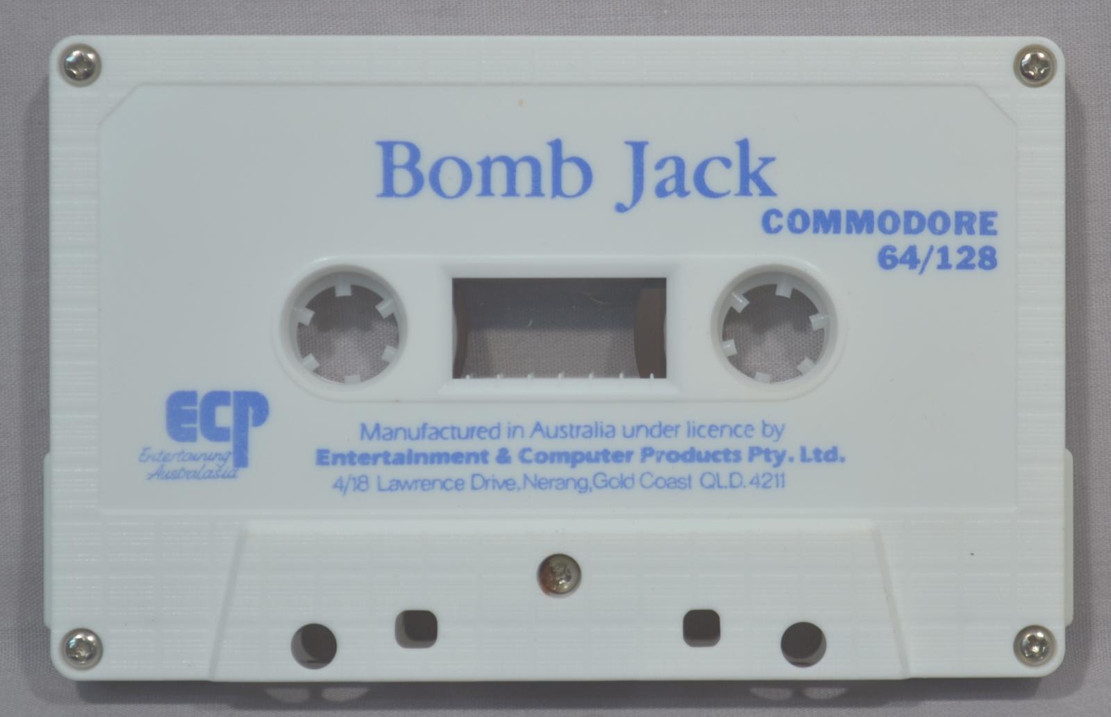 Rectangular white plastic tape cassette. Blue text game title at top and manufacturing and publishing information at bottom