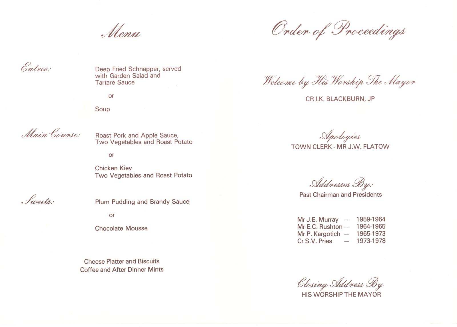 Inside page of Celebration Dinner Program with text printed in brown ink. On the left of the page is the menu of the celebration dinner, while on the right side is the order of proceedings