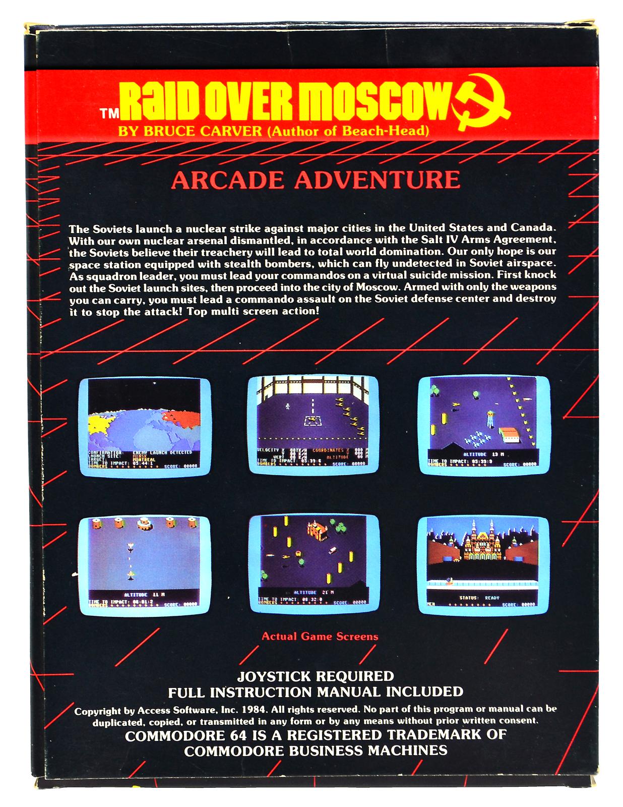 The back view of the packaging for the Raid Over Moscow computer game, with white text describing the purpose of the game and six colour screen shots.