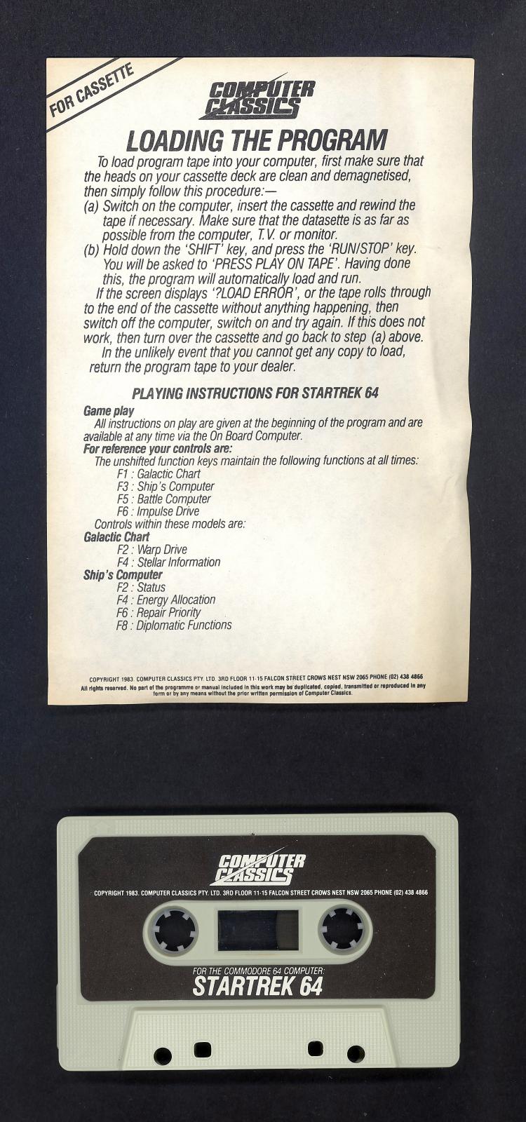 White paper instruction sheet, with black text, with description on how to load a play the StarTrek game.