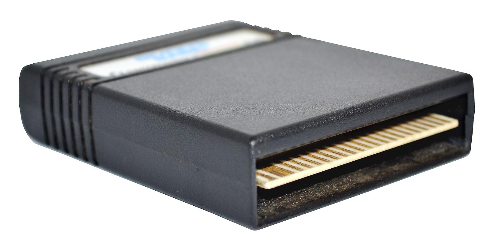 Black square plastic cartridge with a curved top. This view showing the bottom of the cartridge and the connectors