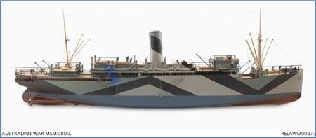 A 1/30 scale full hull shipbuilder’s model of H.M.A.T. 'Warilda', painted to represent its service as an Ambulance Transport, with sawtooth dazzle camouflage. 