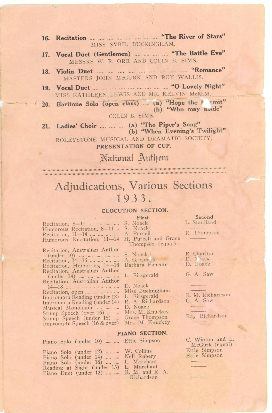 Inside back cover of the South Suburban Musical and Elocutionary Society Festival, a salmon coloured page with black print showing the programme for the festival