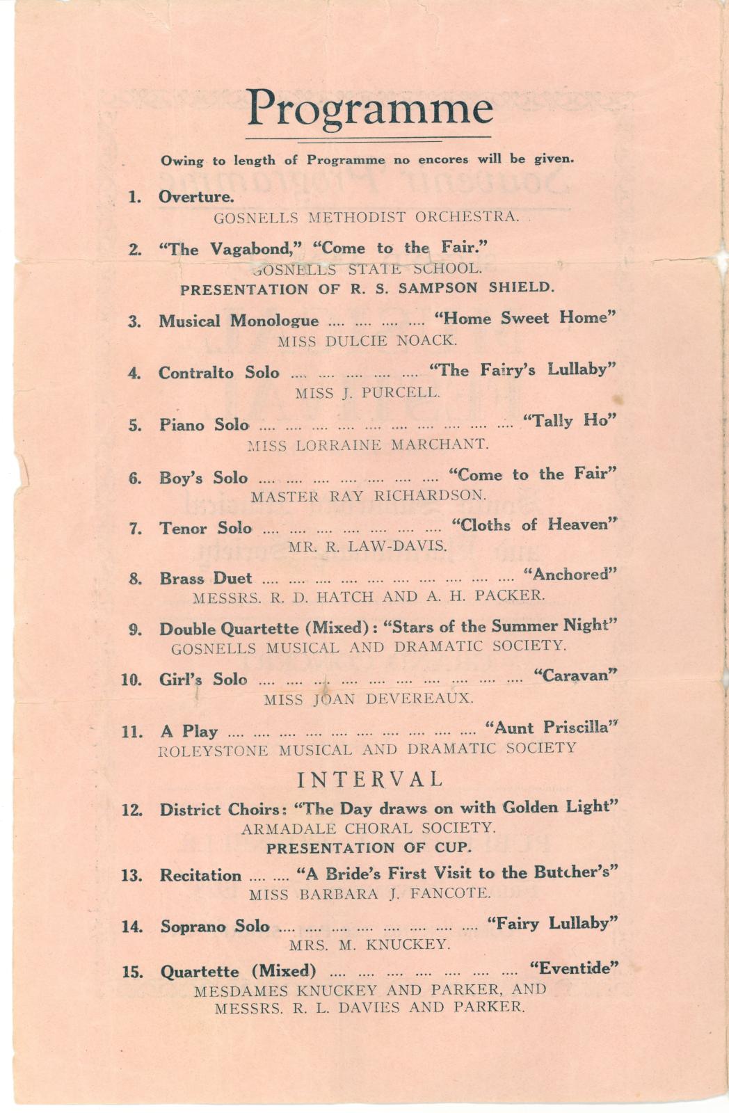 Inside front cover of the South Suburban Musical and Elocutionary Society Festival, a salmon coloured page with black print showing the programme for the festival