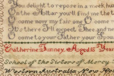 Enlarged detail of embroidery sampler done by Catherine Tunney