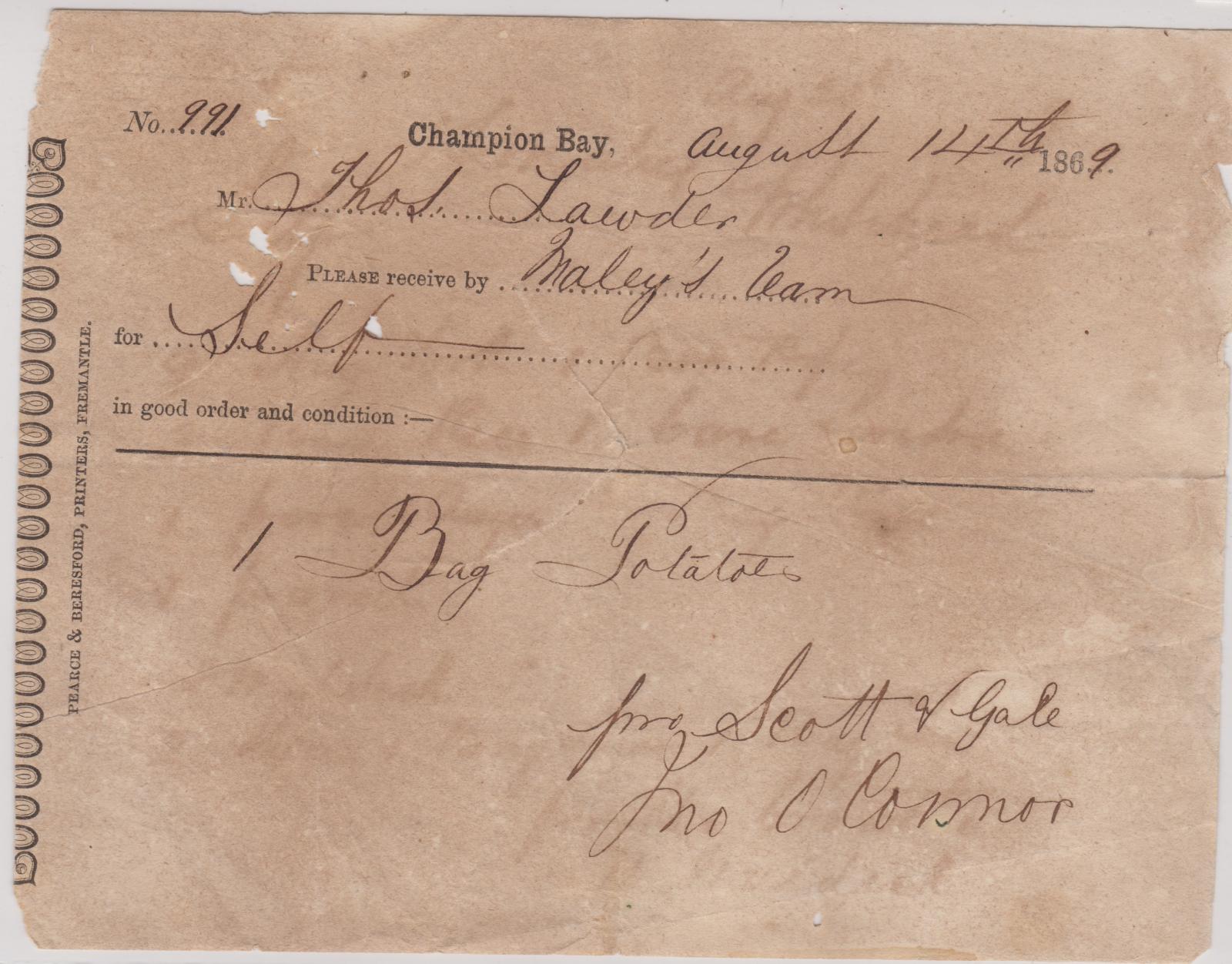 Delivery Note no.991 for Thomas Lauder