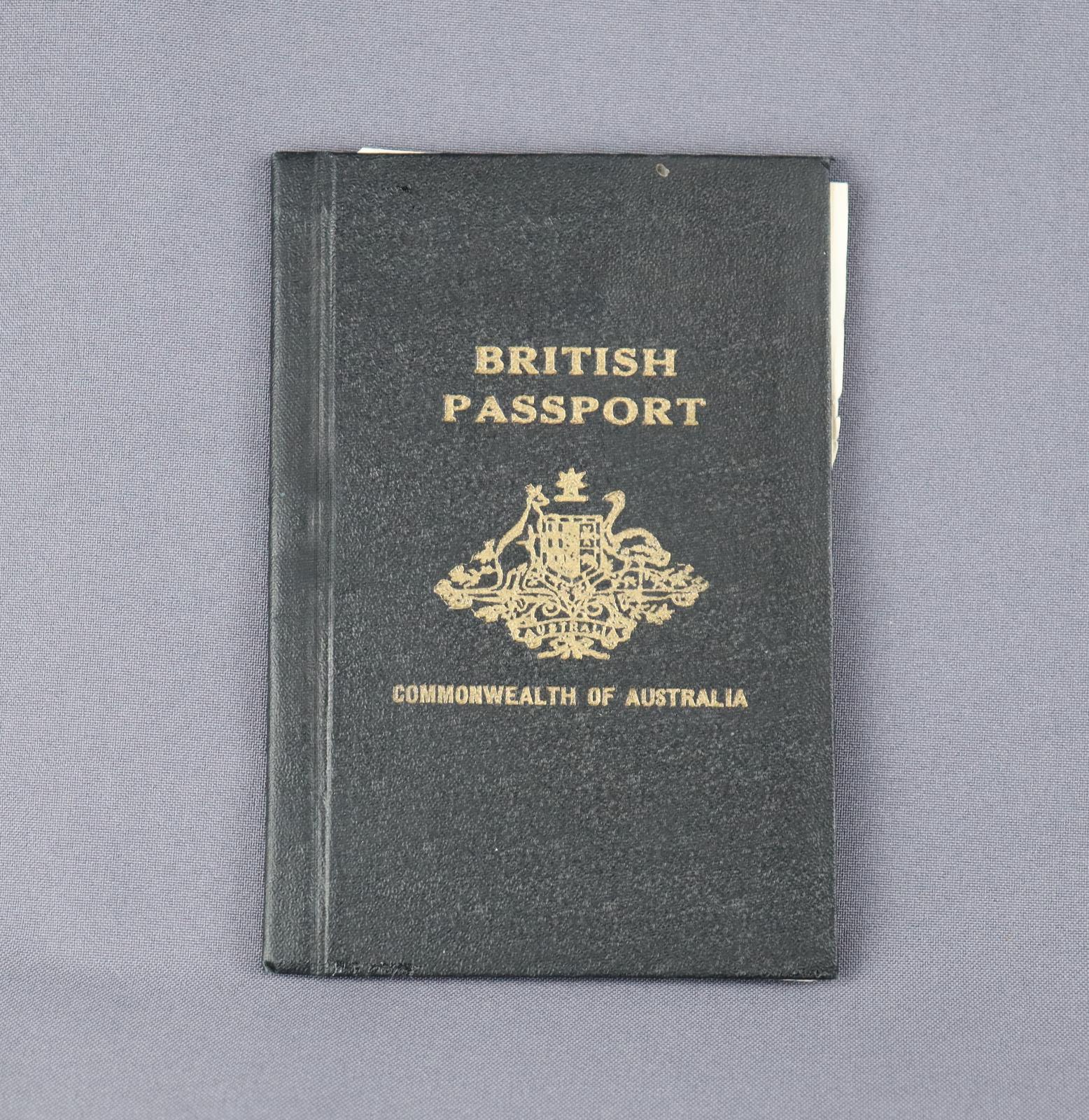 Black, hard covered book, bound on the left side, with gold coloured printing on the front "British Passport", "Commonwealth of Australia" and the Australian Coat of Arms between the writing 