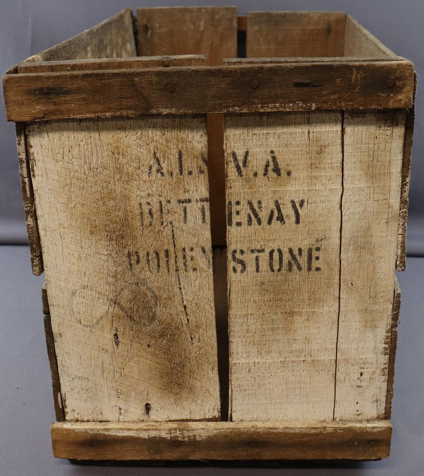 End of a wooden fruit box with stenciled text 'A.L & V.A. Bettenay Roleystone