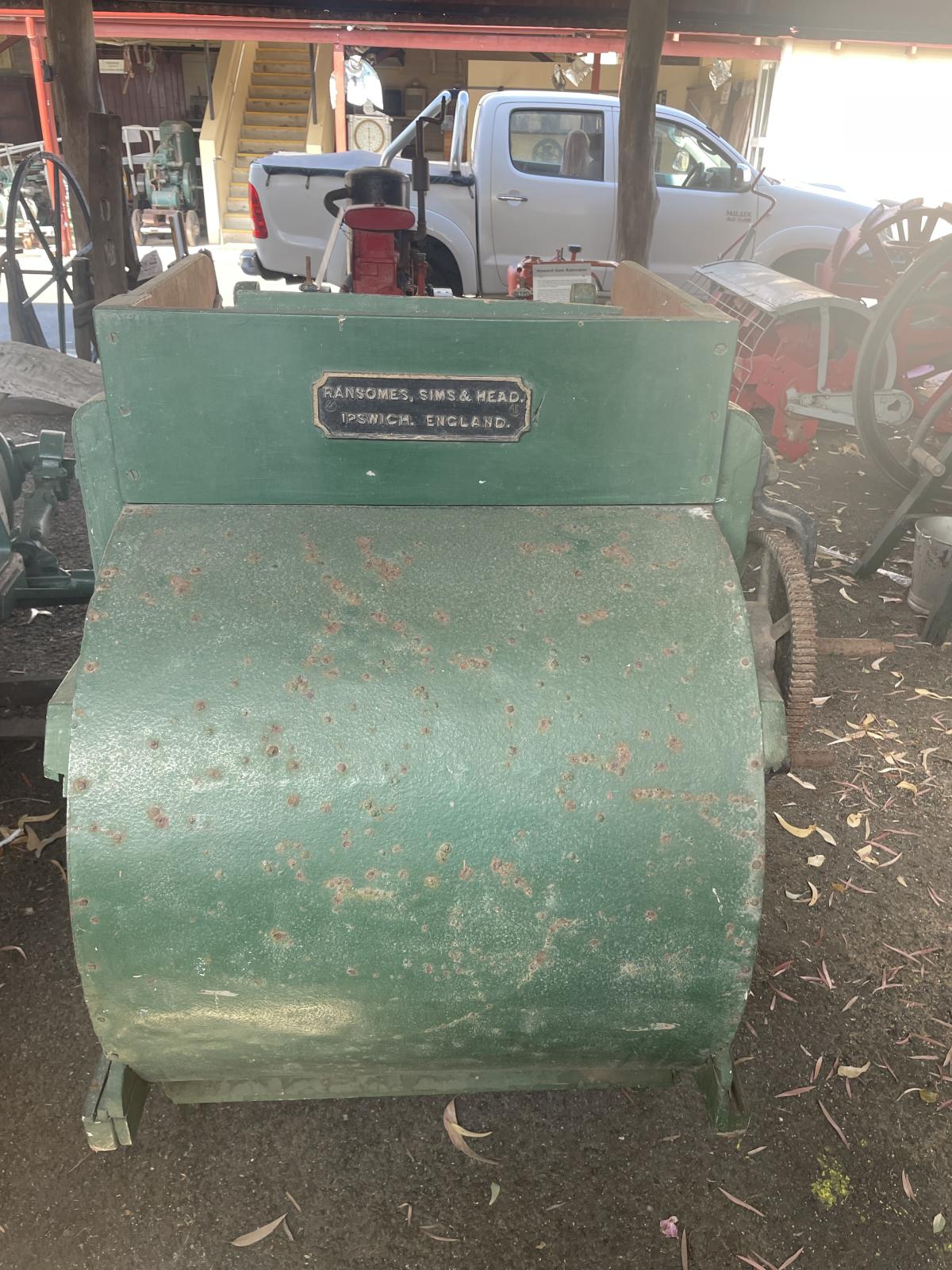 End of the Ransomes Sims and Head Winnower showing the manufacturers mark