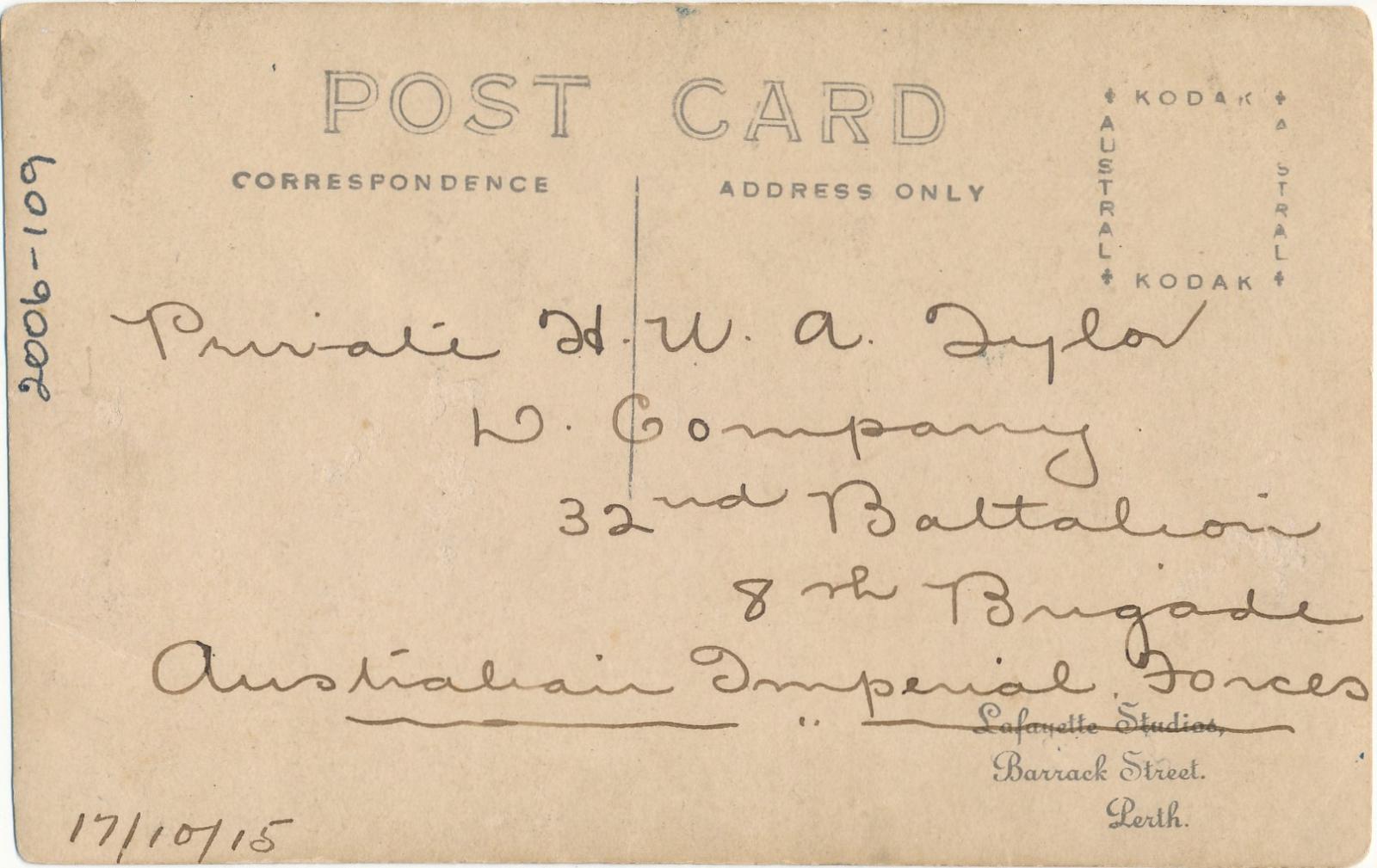 Back of postcard of Horace Wilfred Albert Tylor