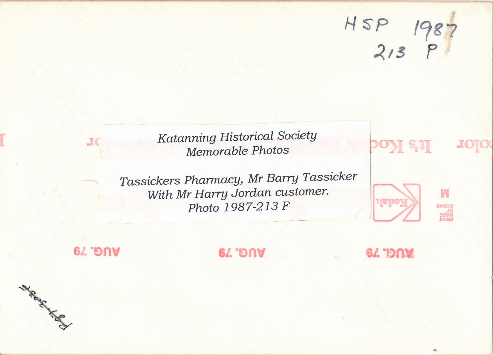 Back of photograph of Tassickers Pharmacy, Katanning