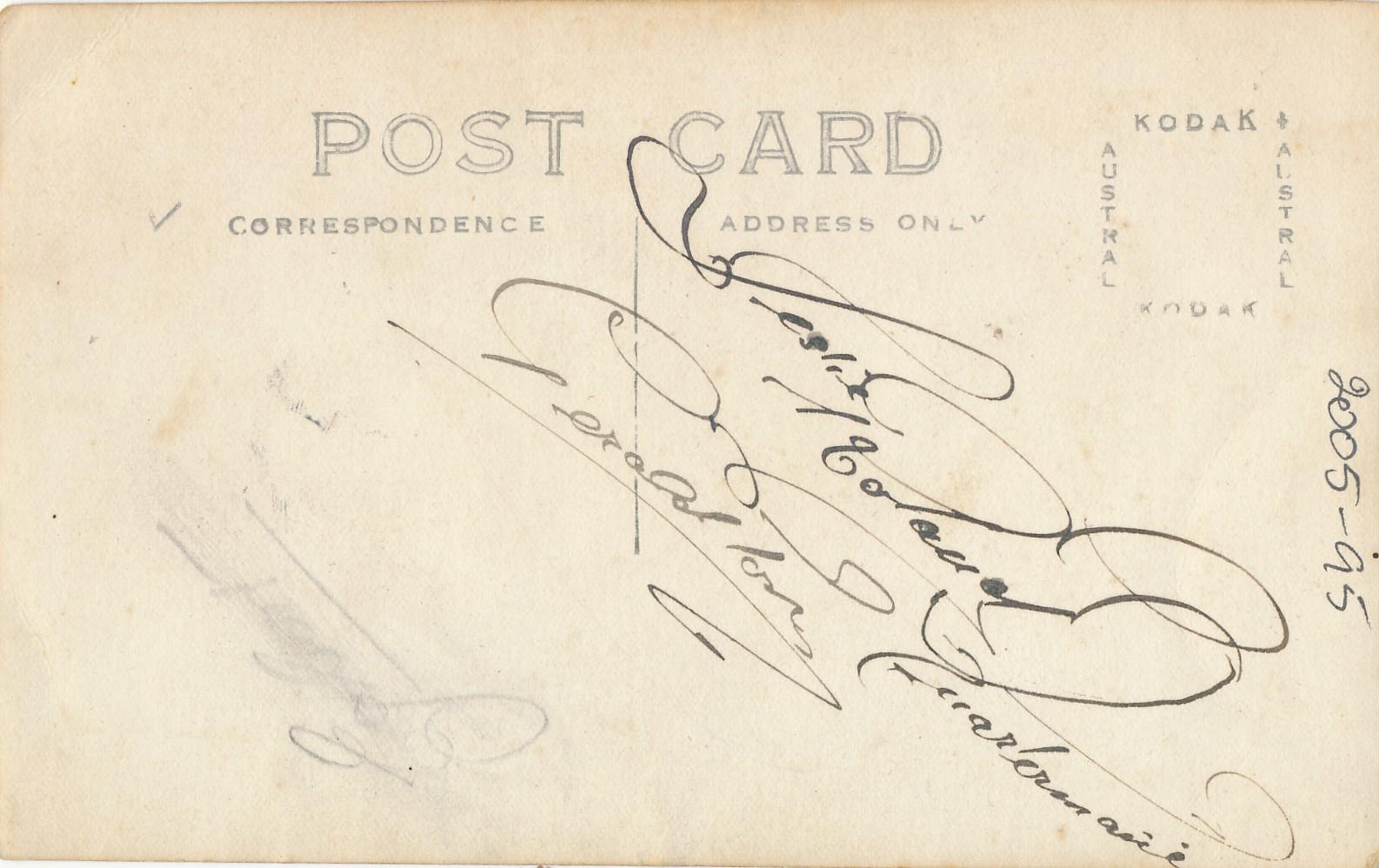 Back of postcard of Leslie Roland Quartermaine