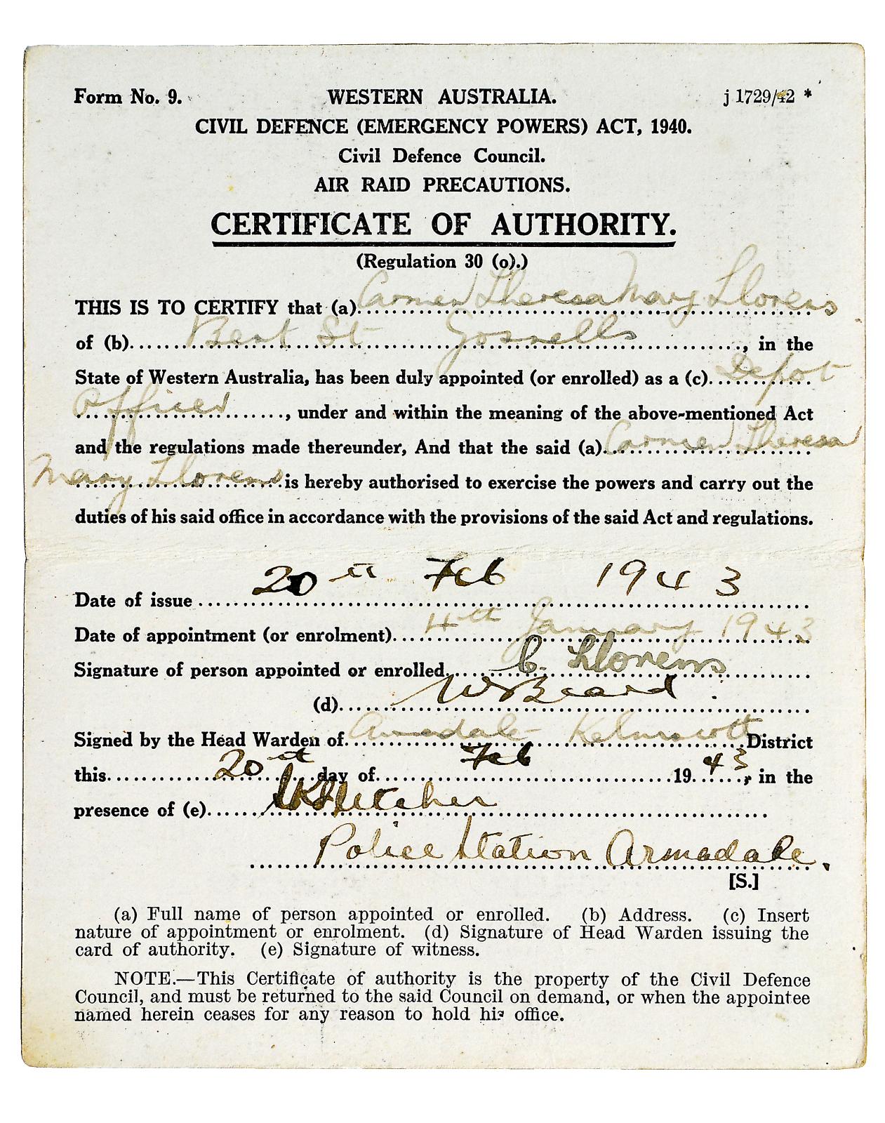 Internal page of Certificate of Authority issued by Civil Defence Council. White card with black printing outlining the authority given and the person to whom the authority has been given.