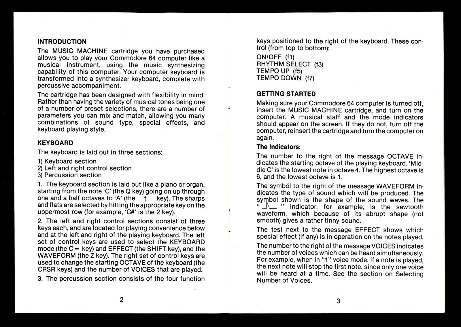 Pages 2 and 3 of the Music Machine instruction book. These two pages have black printing on white paper. On the left hand side, Page 2, is the Introduction and Keyboard sections. On the right hand side, Page 3, is the Getting Started section.