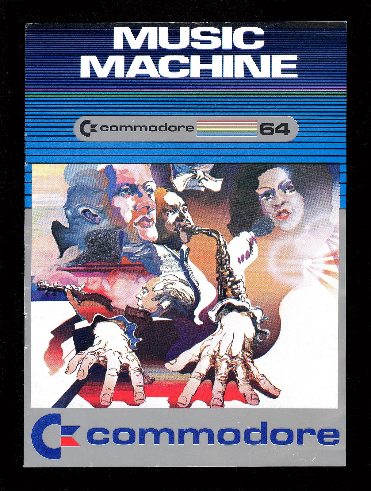 Front cover of Music Machine instruction book. Colour is primarily blue and silver with the text MUSIC MACHINE at the top of the page. A composite image of four people with musical instruments is below this.