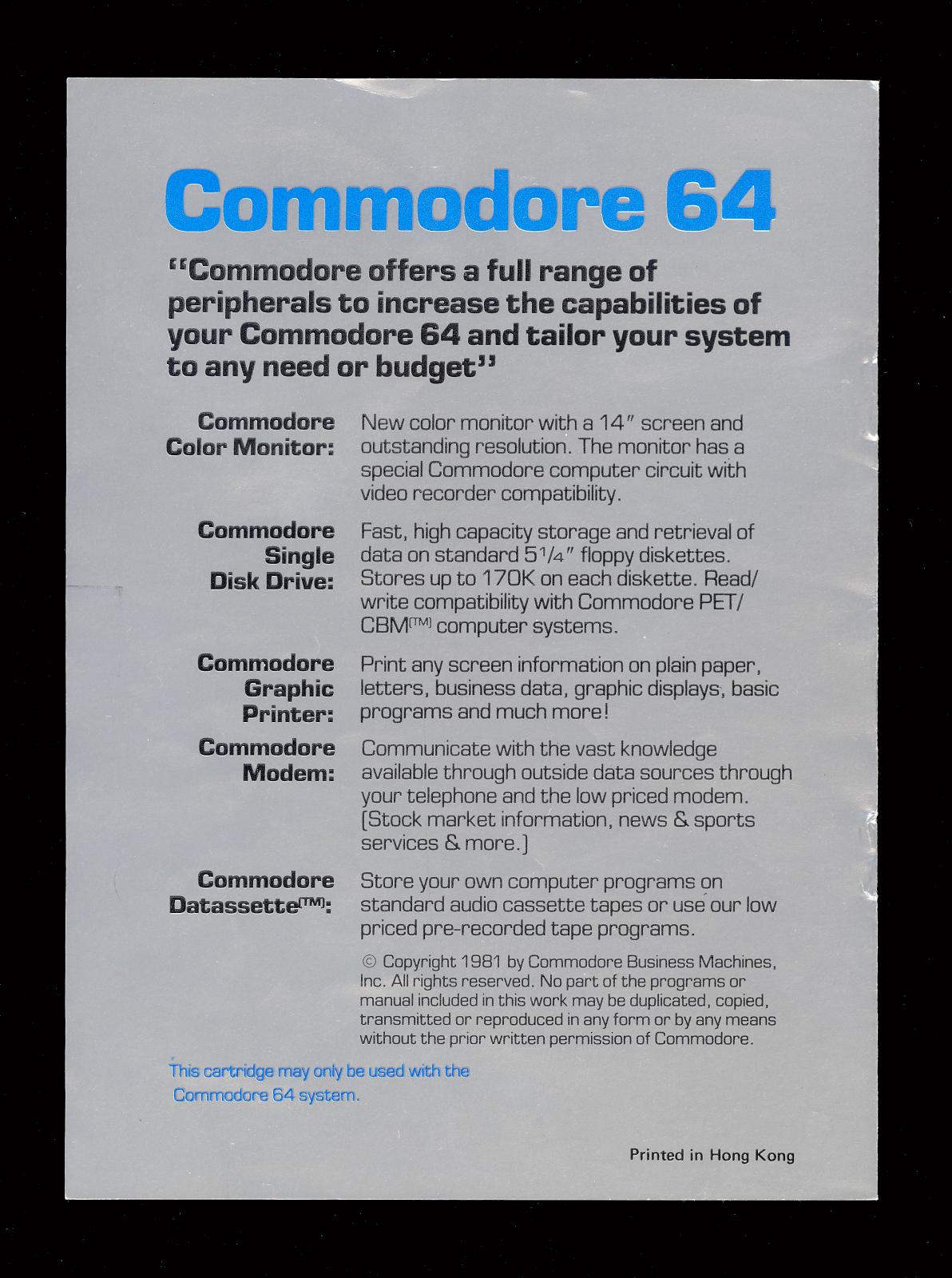 Back cover of the Music Machine Instruction book. The page is silver coloured with the text "Commodore 64" printed in blue at the top. Below this, printed in black text are advertising pieces for new accessories for the Commodore 64