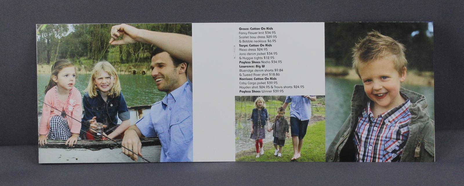 Inside centre pages of Armadale Central brochure. On the left hand page is a photo of an adult  male holding up a baited fishing line and showing it to two young females sitting in a small boat on a river. On the right hand page is a large photo of a young boy, with a smaller photo of an adult male walking with a young boy and girl. Black printed text towards the middle shows retailers and prices for the clothing the children are wearing.