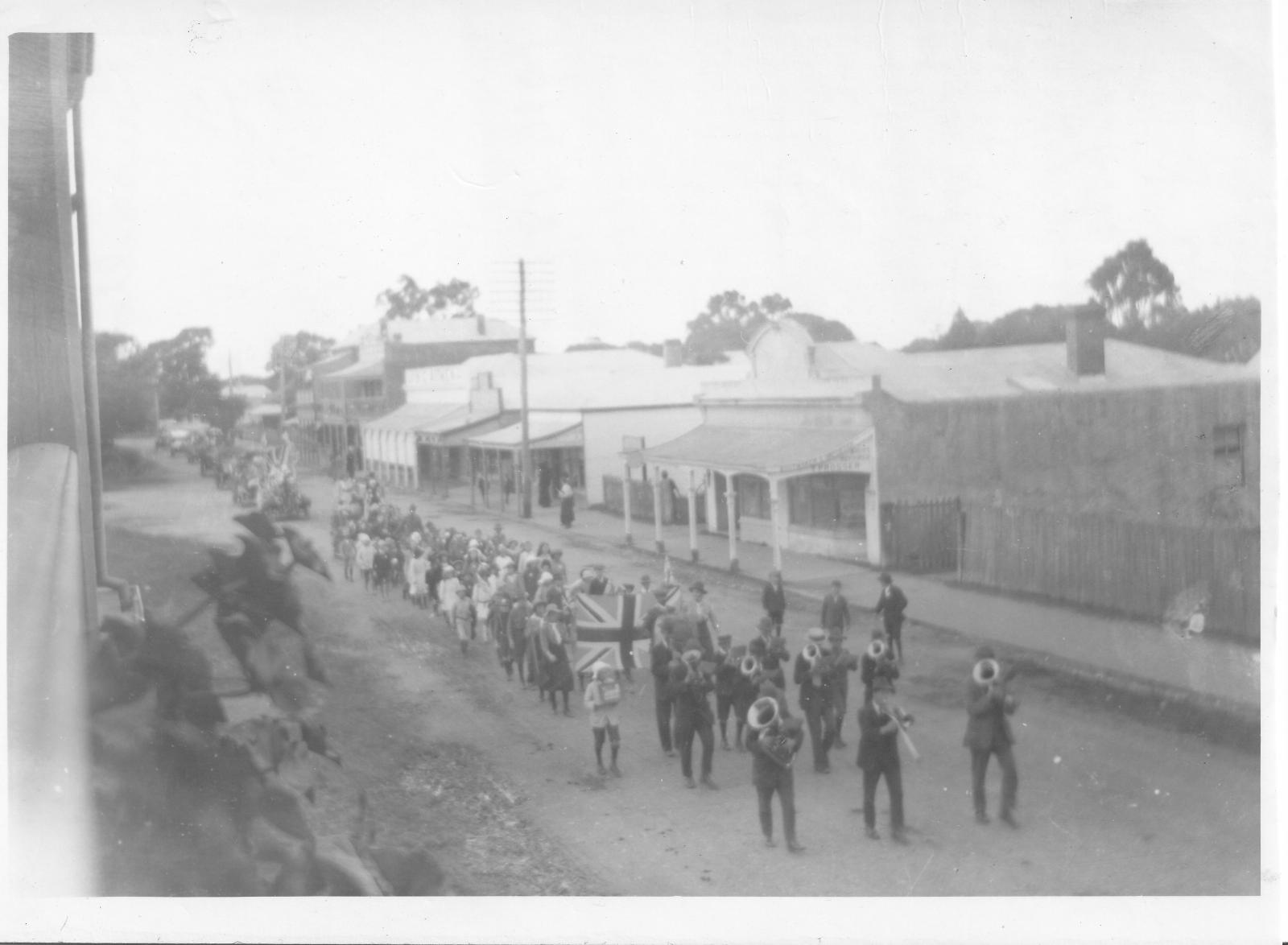 Busselton Brass Band leading the Peace Parade Prince Street January 1919