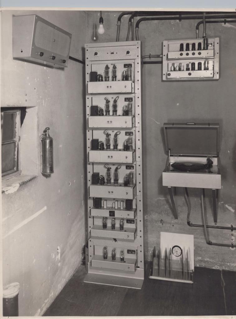 black and white photo of the inside of a projection room