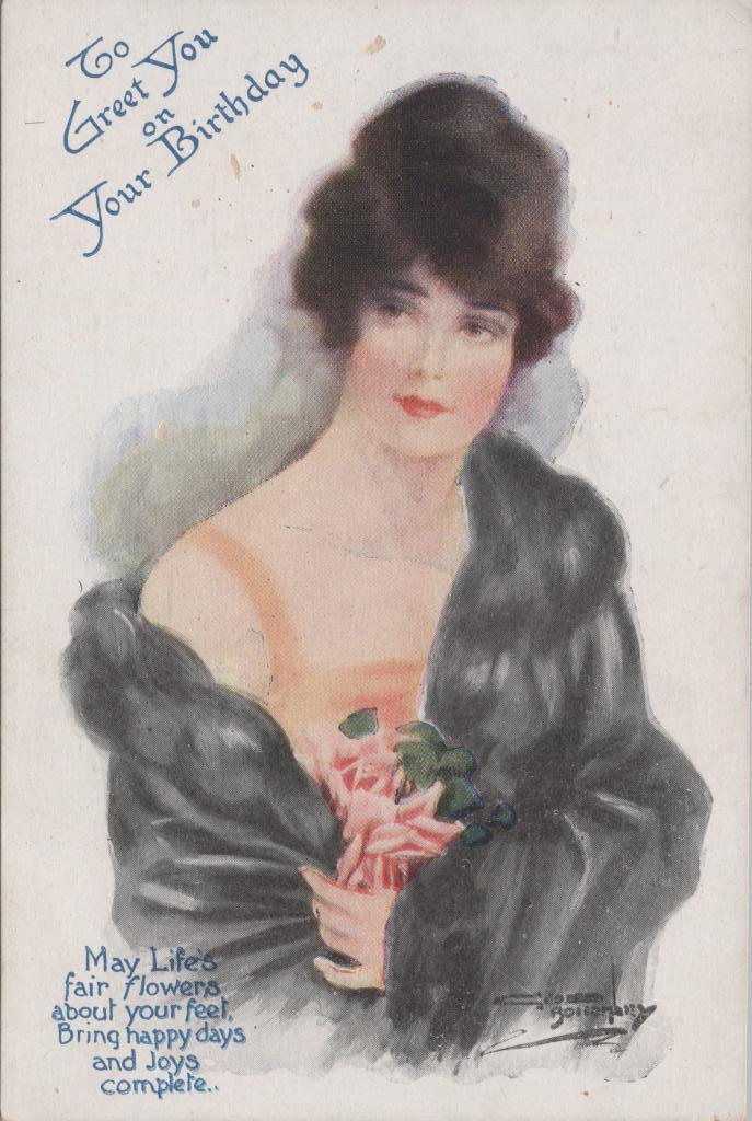 Postcard. Front: To Greet You on Your Birthday' with an image of a woman holding pink flowers. There is a poem in the bottom left corner.