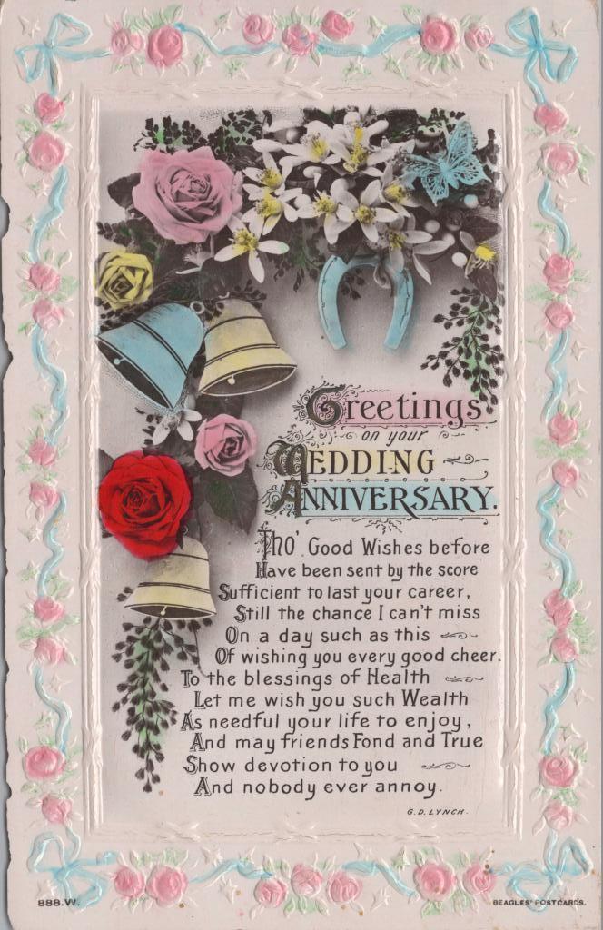 Postcard. Front: 'Greetings on your Wedding Anniversary' with drawing of bells and flowers. There is a poem at the bottom.