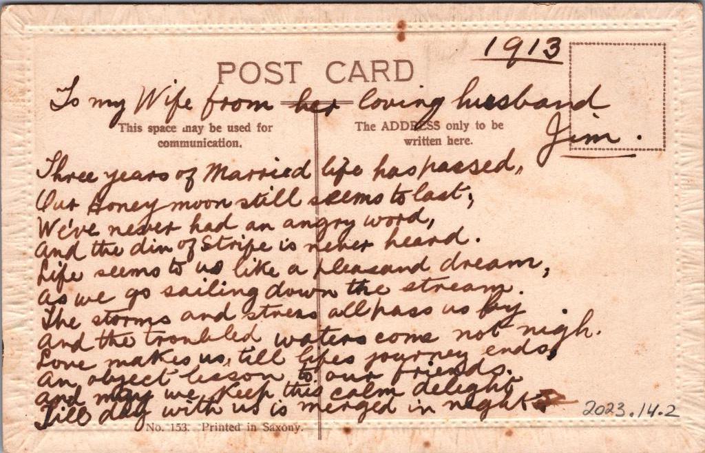 Postcard. Handwritten message starts, 'To my Wife from her loving husband Jim' There is a handwritten poem.