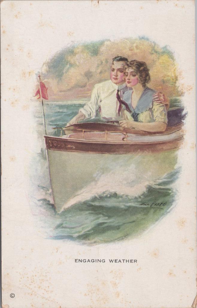 Postcard. Front: 'Engaging Weather' with image of man and woman on a boat.