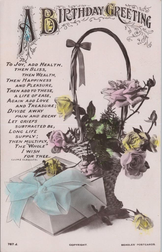 Postcard. Front: 'A Birthday Greeting' with image of a basket of flowers and a box. There is a poem on the left side.