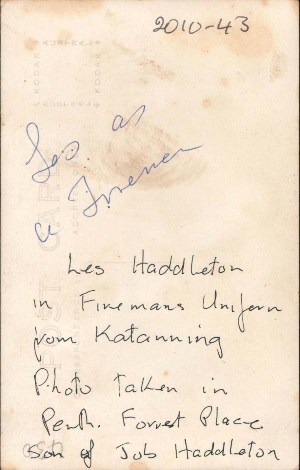 Back of photograph of Les Haddleton in Katanning Volunteer Fire Brigade Uniform