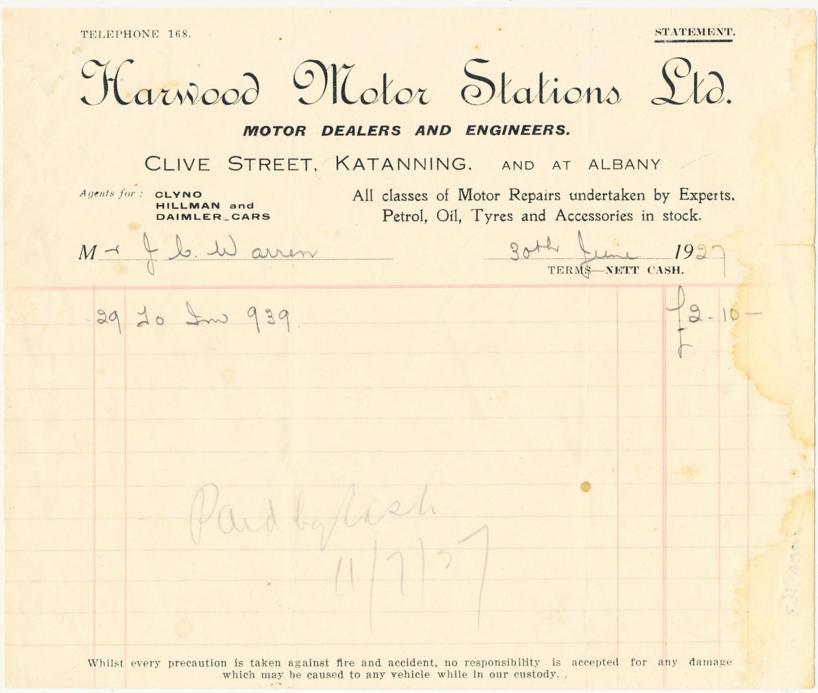 Harwood Motor Stations Ltd. Invoice