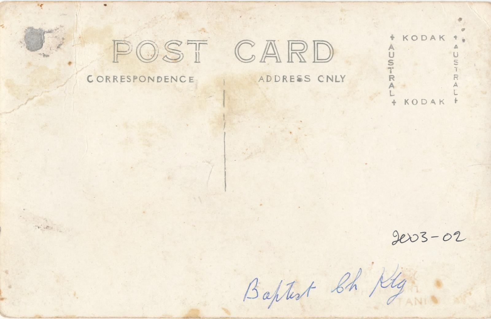 Back of postcard of Baptist Church, Katanning