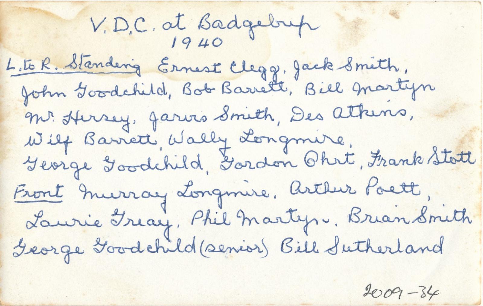 Back of photograph of Badgebup Voluntary Defence Corp