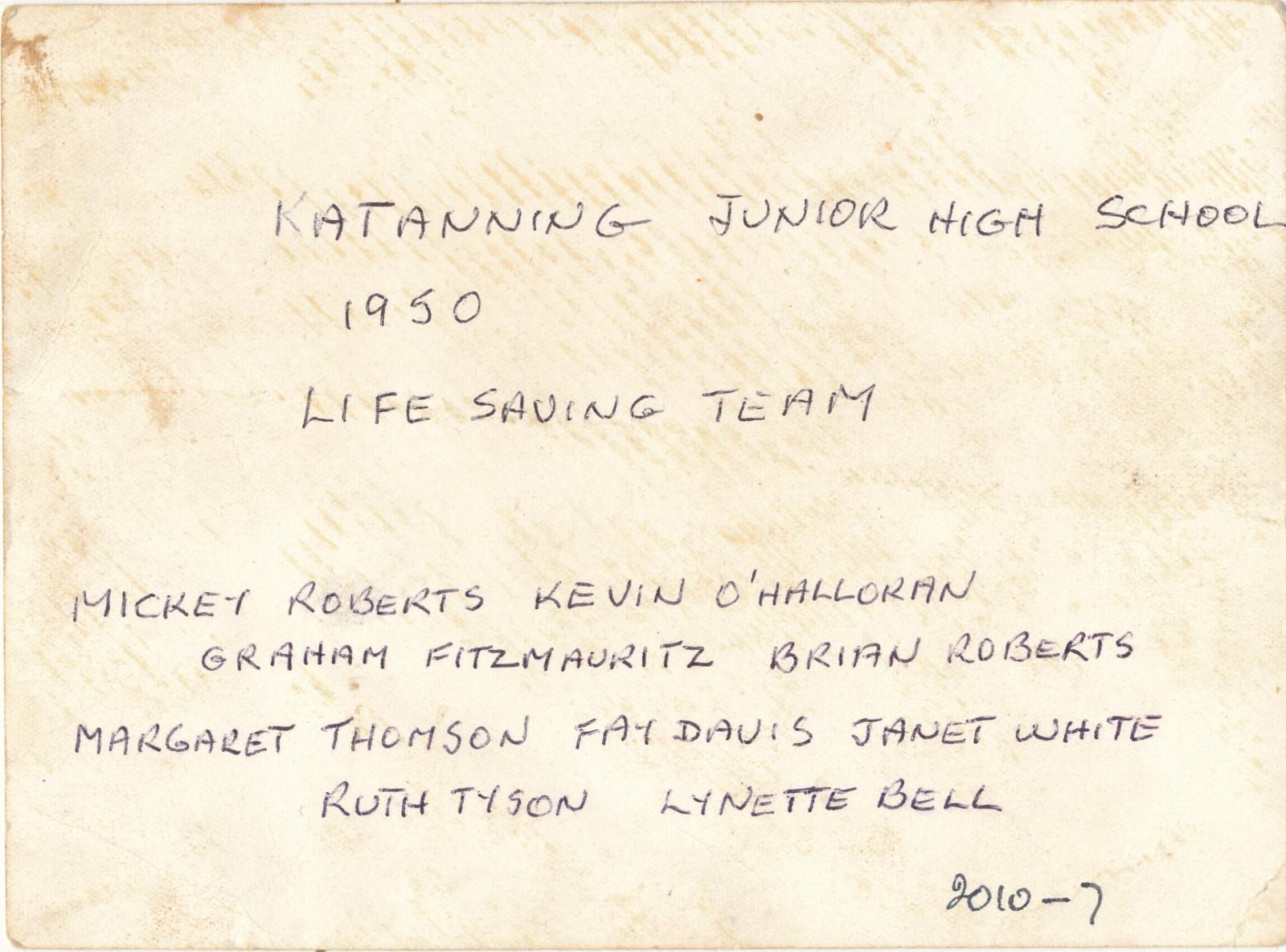 Back of photograph of Katanning Junior High School Swimming team