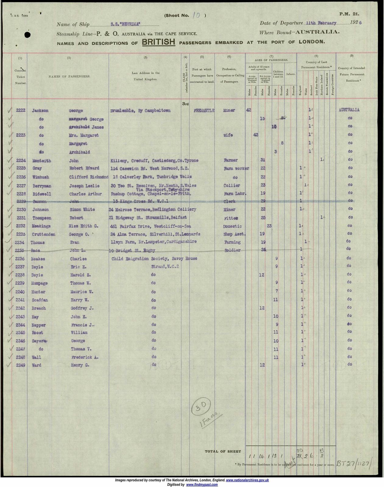 Passenger List 1926