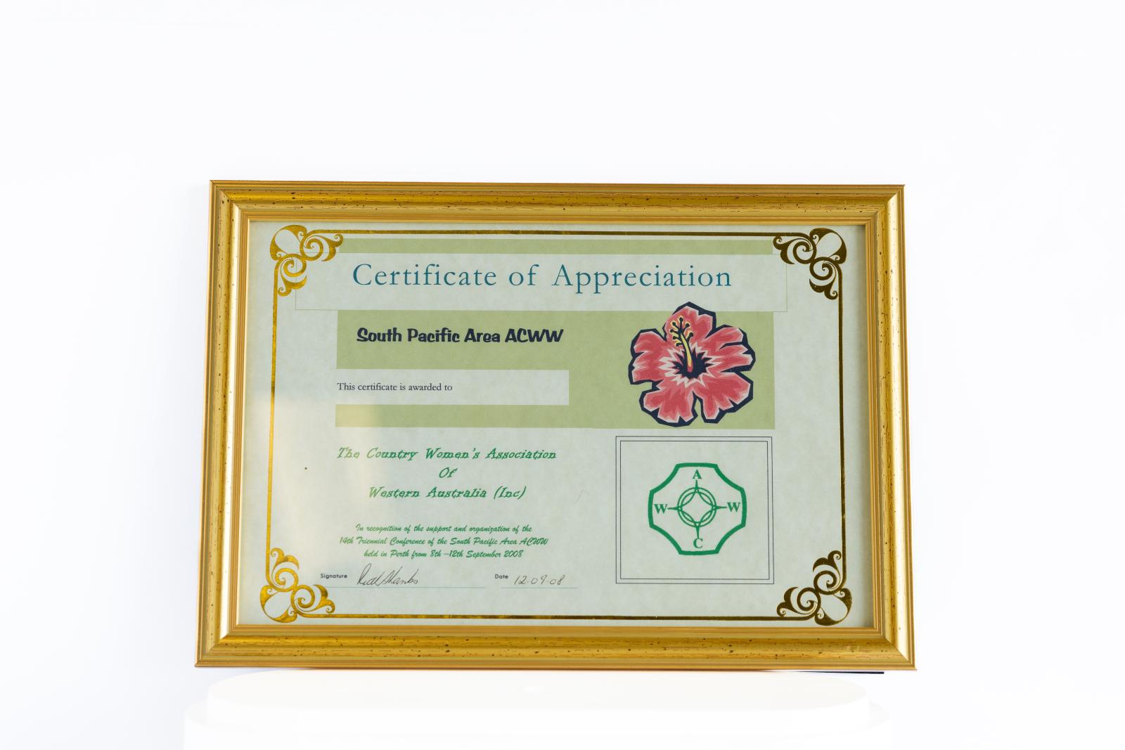 ACWW South Pacific Area Certificate