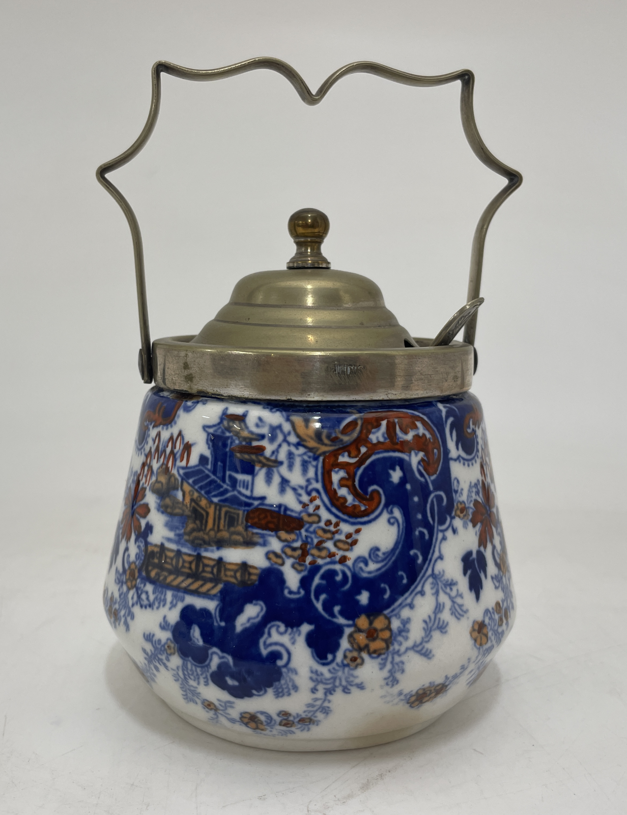 Chinoiserie patterned porcelain honey jar with EPNS Lid and spoon