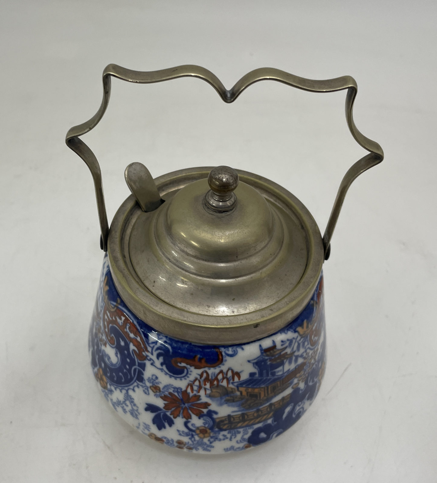 Chinoiserie patterned porcelain honey jar with EPNS Lid and spoon